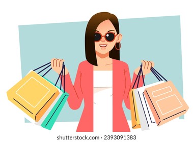 Young happiness joyful shopaholic stylish fashionable woman girl female at retail mall store carrying shopping bags