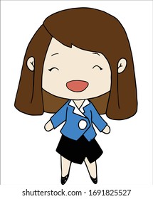 Young happiness woman with big smile. Blue formal suit work clothes. Cartoon chibi character vector.