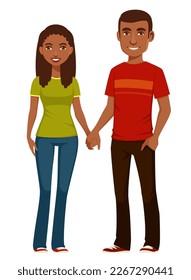 young happy African American couple in love, smiling and holding hands. Black woman and man, dating or married, in casual fashion. Cartoon characters, isolated. Vector eps file.