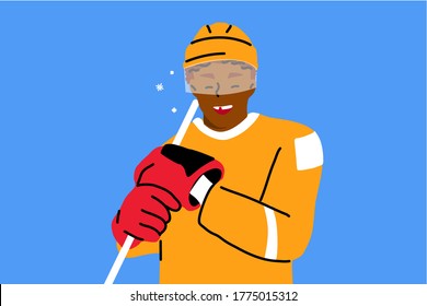  Young happy african american man guy hockey player with one broken front tooth laughing standing with stick and uniform looking at camera. Active lifestyle illustration