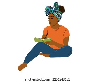 
Young and happy african american woman sitting and making notes in a notebook. Entrepreneurial student writes diary entries by hand. Training and work