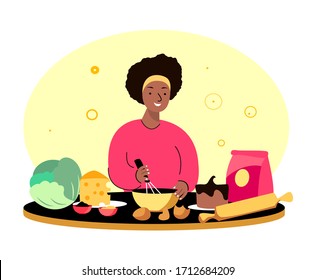 Joven africana feliz mujer de piel oscura cocinando un plato, cocina. Cocina Mujer Cocinera Esposa Knead Dough Quédate En Casa.Niña Adulta Prepara Hobby Gastronomía Sabrosa Cena Yummy.Cocina Sonriente.Ilustración Vectorial Plana