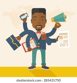 A young but happy african employee has six arms doing multiple office tasks at once as a symbol of the ability to multitask, performing multiple task simultaneously. Multitasking concept. A