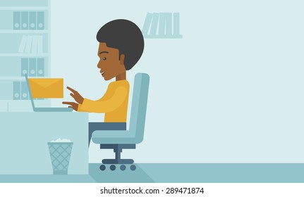 Young happy african man sitting in front of a table with computer laptop and thinking what to write in e-mail inside his office. A Contemporary style with pastel palette, soft blue tinted background