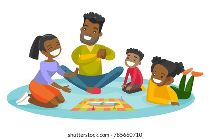 Young Happy African Parents With Their Little Children Sitting On The Floor And Playing Together Board Game At Home. Family Vacation Concept. Vector Cartoon Illustration Isolated On White Background.