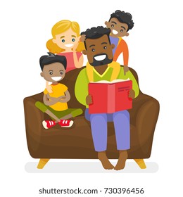 Young happy african-american father reading a book to multiethnic biracial kids and Caucasian white wife. Happy multiracial mixed family concept. Vector isolated cartoon illustration.