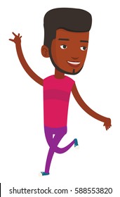 Young happy african-american man dancing. Cheerful man dancer with arm raised in motion. Smiling man during dance workout. Vector flat design illustration isolated on white background.