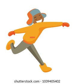 Young happy african-american man playing snowball fight and having fun in snow in winter. Concept of outdoor winter leisure activity. Vector cartoon illustration isolated on white background.