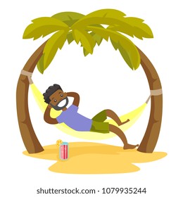 Young happy african-american man relaxing on the beach in a hammock under the palm trees. Cheerful man lying in hammock on tropical beach. Vector cartoon illustration isolated on white background.