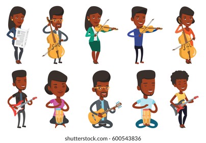 Young happy african-american musician playing cello. Cellist playing classical music on cello. Smiling musician with cello and bow. Set of vector flat design illustrations isolated on white background