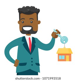 Young happy african-american owner holding key to his new house. Smiling buyer with keys and trinket in the shape of house. Vector cartoon illustration isolated on white background. Square layout.