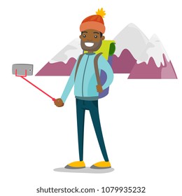 Young happy african-american traveler man with a backpack making selfie photos with selfie stick on cellphone. Tourism, hike, vacation concept. Vector cartoon illustration isolated on white background Young happy african-american traveler man with a backpack making selfie photos with selfie stick on cellphone. Tourism, hike, vacation concept. Vector cartoon illustration isolated on white background