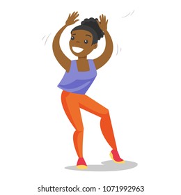 Young happy african-american woman energetically dancing. Cheerful smiling woman dancing. Healthy lifestyle and sport concept. Vector cartoon illustration isolated on white background. Square layout.