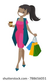 Young happy African-american woman holding a cup of coffee and shopping bags. Cheerful smiling woman laughing and walking with shopping bags. Vector cartoon illustration isolated on white background.