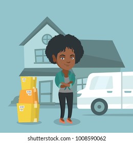 Young happy african-american woman moving to a new house. Homeowner standing on the background of new house and pantechnicon van with cardboard boxes. Vector cartoon illustration. Square layout.