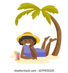 Young happy african-american woman in summer hat relaxing with a cocktail on the beach under the palm tree. Woman lying and sunbathing on tropical beach. Vector cartoon illustration. Square layout.