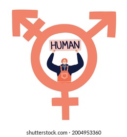 Young happy androgynous person with banner HUMAN standing in a gender neutrality sign. Genderqueer, LGBTQ+ friendly society. Pride and freedom concept Vector hand drawn flat illustration