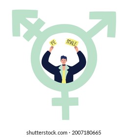 Young happy androgynous person tearing a word FEMALE standing in a gender neutrality sign. Genderqueer, LGBTQ+ friendly society. Pride and freedom concept Vector hand drawn flat illustration
