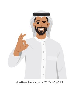 Young happy arab muslim man giving okay hand sign. Flat vector illustration isolated on white background