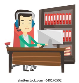 Young happy asian man using computer for playing games. Cheerful man in headphones playing online games. Smiling man playing computer game. Vector flat design illustration isolated on white background