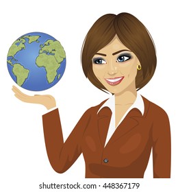 Young happy attractive brunette businesswoman holding the globe