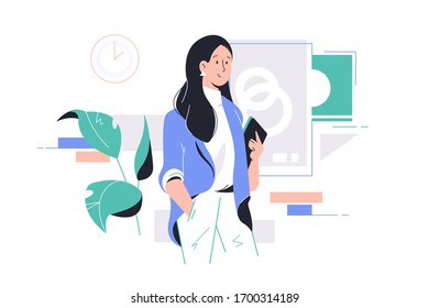 Young happy attractive businesswoman holding tablet at work in office. Concept smiling woman character have break going to boardroom for meeting. Vector illustration.