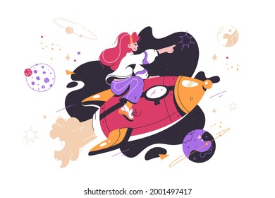 Young happy attractive girl flying only forward on success rocket. Isolated concept woman character with good startup flying in future space on modern vehicle. Vector illustration.