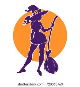 young happy and attractive witch image , for your halloween flyer, logo, label, emblem