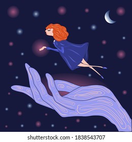 a young happy and attractive witch with red hair. Hovering over the magic hand. Vector illustration on dark blue background in cartoon style. For books, postcards, banners, Wallpapers and posters