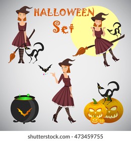 young happy and attractive witches, vector Halloween collection