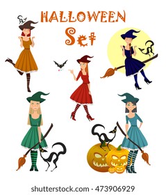 young happy and attractive witches, vector Halloween collection