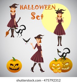 young happy and attractive witches, vector Halloween collection