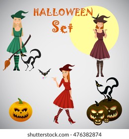 young happy and attractive witches, vector Halloween collection