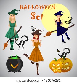 young happy and attractive witches, vector Halloween collection