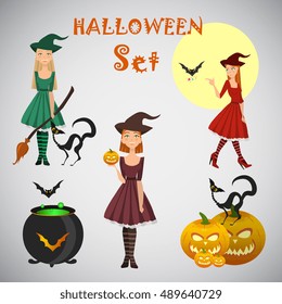 young happy and attractive witches, vector Halloween collection