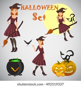 young happy and attractive witches, vector Halloween collection