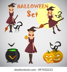 young happy and attractive witches, vector Halloween collection