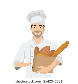 Young happy baker with bread and shopping bag. Flat vector illustration isolated on white background