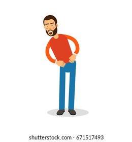Young happy bearded man in red pullover standing and laughing with tears cartoon character vector Illustration