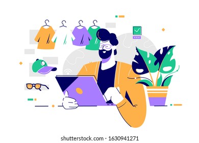 Young happy bearded man using laptop for shopping in online clothing store. Concept smiling male character with computer in web store. Vector illustration.