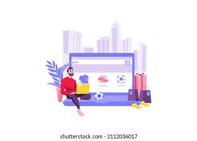 Young happy bearded man using the laptop for shopping Illustration concept. Flat illustration isolated on white background.