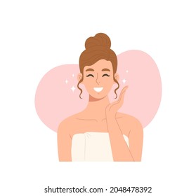 Young happy beautiful female smiling and wearing towel showing healthy facial skin. Concept of beauty, skin care routine, facial treatment, lifestyle. Flat vector illustration character.