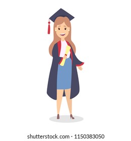 Young happy beautiful girl on graduation day holding diploma. Smiling student celebrating achievement. Isolated flat vector illustration