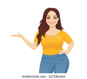 Young happy beautiful plus size woman wearing jeans showing isolated vector illustration
