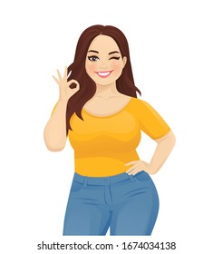 Joven mujer feliz más grande usando jeans haciendo gestos ok señal aislado ilustración vectorial