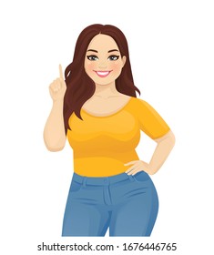 Young happy beautiful plus size woman wearing jeans pointing up isolated vector illustration