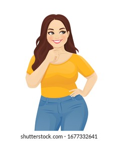 Young happy beautiful plus size thinking woman wearing jeans looking away isolated vector illustration