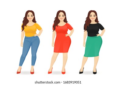 Young happy beautiful plus size woman dressed in different casual business style clothes set isolated vector illustration