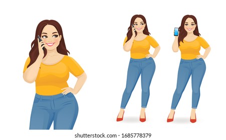 Young happy beautiful plus size woman with mobile phone isolated vector illustration