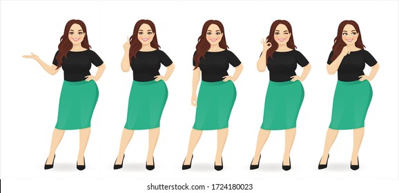 Young happy beautiful plus size woman wearing business style clothes in different poses isolated vector illustration